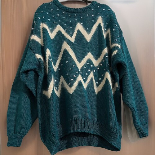 Vtg Kashiwa Sweater Women 3X Teal & Ivory Crew Neck Shoulder Pads Geometric - Picture 6 of 13