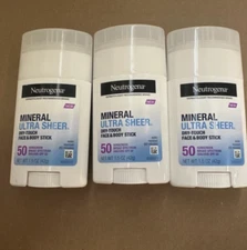 3 Bottles Neutrogena Ultra Sheer Sunscreen Stick SPF 50 - 1.5oz