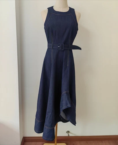 AUTÉNTICO Vestido Midi Sin Mangas Cinq à Sept Algodón Cuello Redondo Denim Calce y Acampanado para Mujer - Imagen 5 de 13