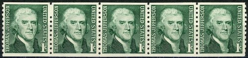 THOMAS JEFFERSON Coil Strip of 5 MNH Shiny Gum Scott's 1299 - Picture 2 of 2