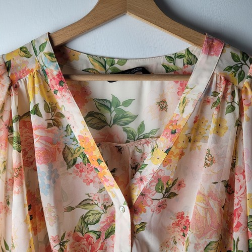 Zara Women Size S Pink Floral Peplum Sheer Puff Sleeve Blouse Casual Summer - Picture 6 of 12