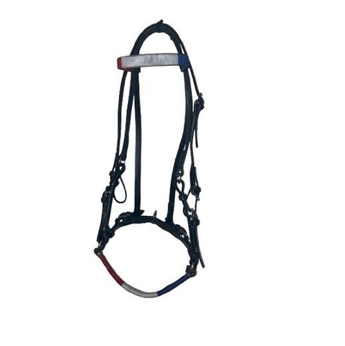Brida Caballo con Cabecero Rojo Blanco Azul Cuero Cosido a Mano HBR0720 - Imagen 3 de 7