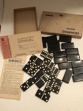Vintage Puremco Black Marblelike Dominoes Standard Size USA Made W/ Instructions