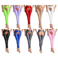 Damen Öl Glänzend Nylon Strumpfhose Tights Im Schritt Offen Tanzhose Yoga Pants