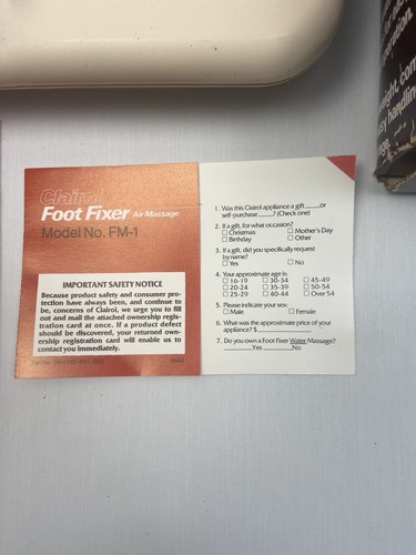 Vintage 80's Clairol Foot Fixer Air Massage Vibration Cool Warm Orig. Box & Inst - Picture 2 of 7