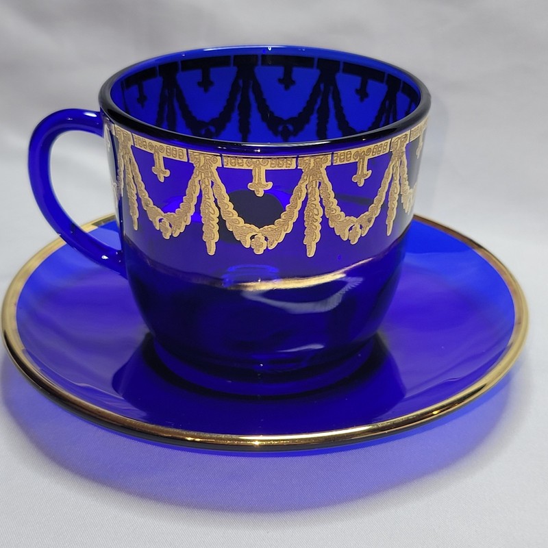 Medici Cobalt Blue Collection Feat Hand Painted 24k Gold Trim Tea Cup Saucer Set