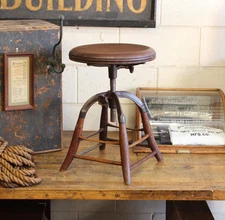 c1920s Vtg Antique Industrial Dietzgen Oak Stool Drafting Adjustable Cast Iron
