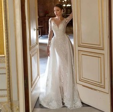 Luxury Mermaid Wedding Dresses O-neck Long Sleeve Backless Elegant Bridal Gowns