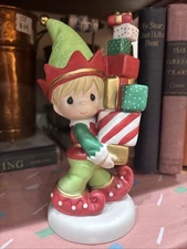 Cute Precious Moments Elf Boy w/Gifts Trinket Bringing Loads of Christmas Cheer