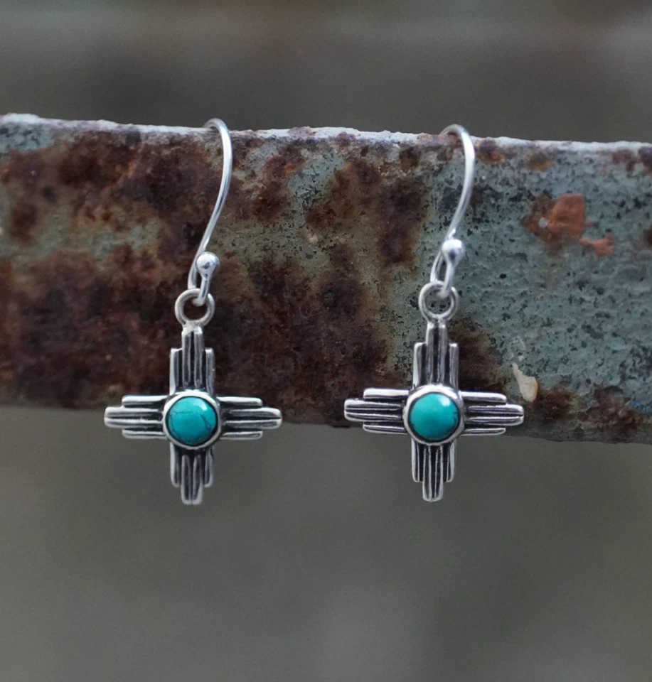Pendientes Símbolo Zia Nuevo México Con Turquesa Navajo Plata Zia Sol Joyería Foto 3 de 4