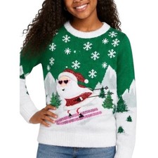 Holiday Time Girls Green Skiing Santa Sequin Ugly Christmas Sweater L 10-12 Plus