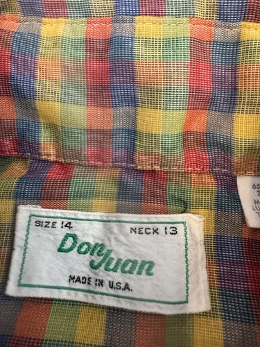 Vintage Boys 70s Shirt Dagger Collar Long Sleeve Button Down Plaid Bright 14 - Picture 4 of 8