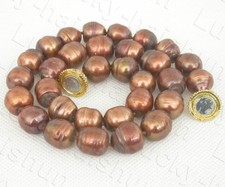 Genuine 17.5" 13mm Baroque rice coffee freshwater pearls beads Strand necklace