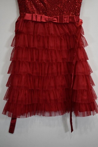 Jona Michelle Girls Red Cap Sleeve Scoop Neck Tie Waist Sequins Tiered Dress 10 - Picture 4 of 7