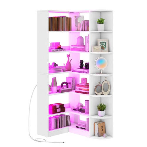 6-Tier Bookshelf L-Shaped Corner Bookcase with LED Light Wood Display Shelf Rack - Picture 9 of 13