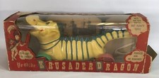 Ye Olde Krusader Dragon Yellow Green Pull Toy Soft Squeak Toy Kusan 1960s Box