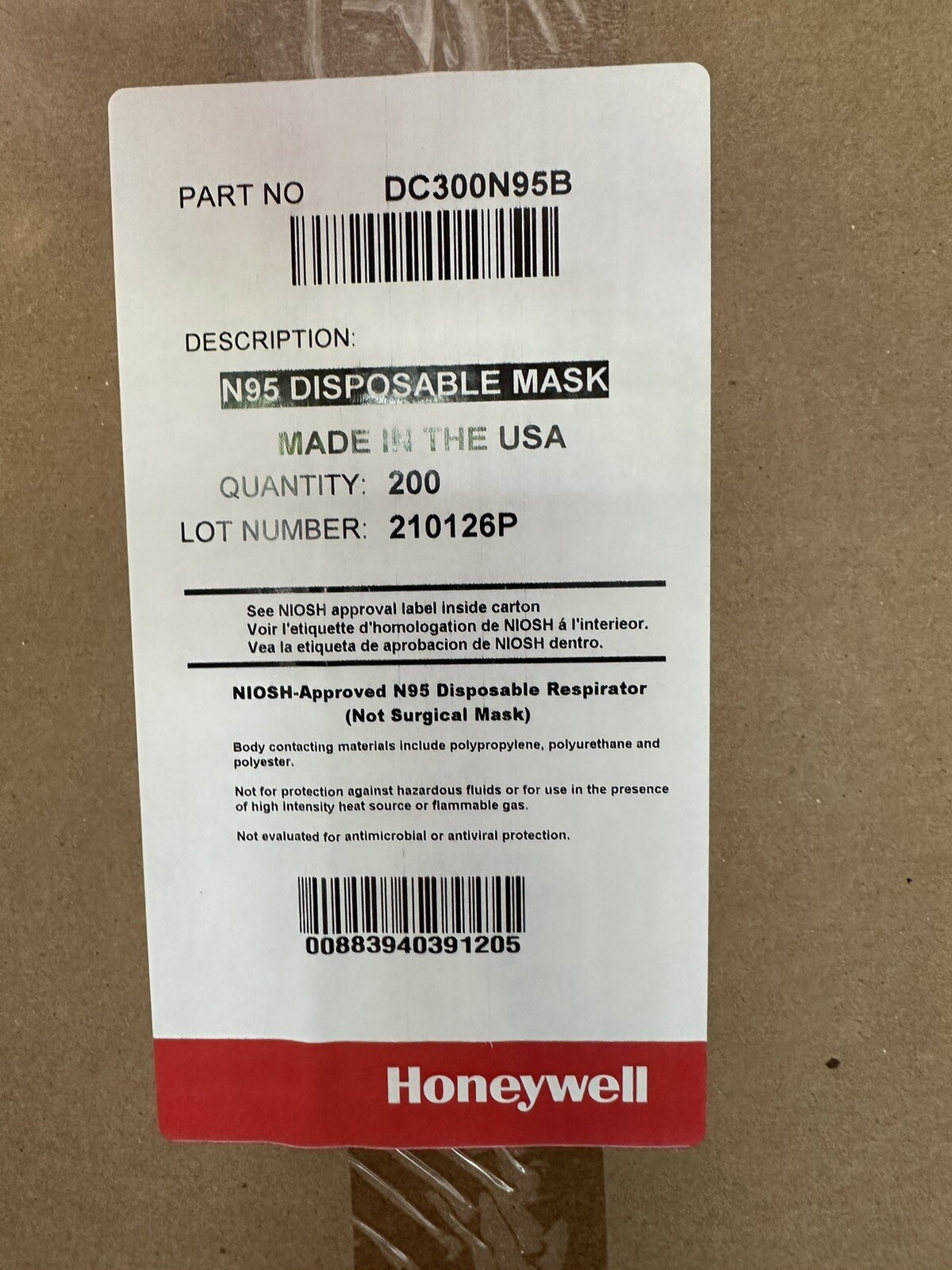 Honeywell N95 DC300N95B Respirator Particulate Masks Disposable NIOSH, 200/Case.