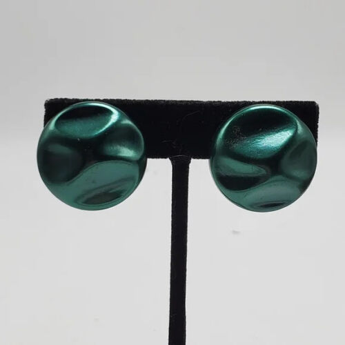 70's Japan Green Dimple Clip-On Earrings Stud Silver Tone Tone Bold Vintage - Foto 2 di 7