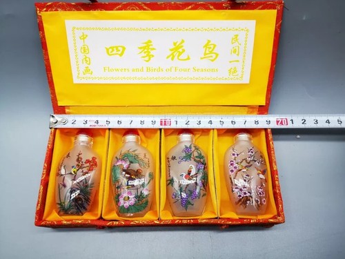 Mid- Century Chinese Snuff Bottle Set of 4 ''Flowers and Birds of Four Seasons'' - Picture 3 of 9