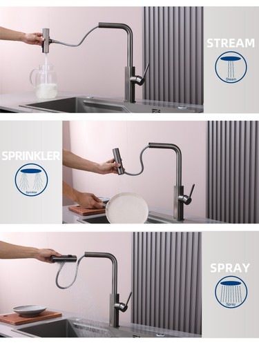 Kitchen Faucets, Brushed Gun Grey Kitchen Faucet with Pull Down Sprayer - Picture 6 of 9