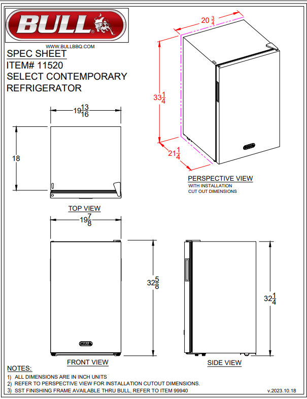 Bull BBQ Contemporary Refrigerator Replaces 11001
