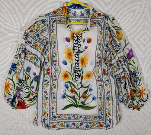 Diane Von Furstenberg Womens Sz 10 Floral Silk Cotton Blouse Shirt Top