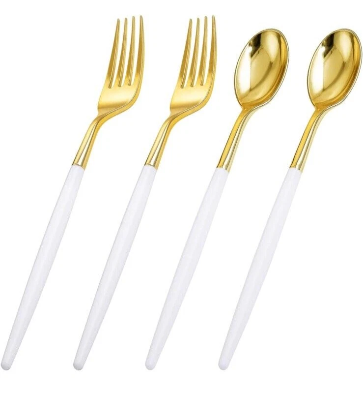 I00000 120 piezas cubiertos de plástico dorado, cubiertos de plástico dorado con mango blanco... Foto 2 de 4