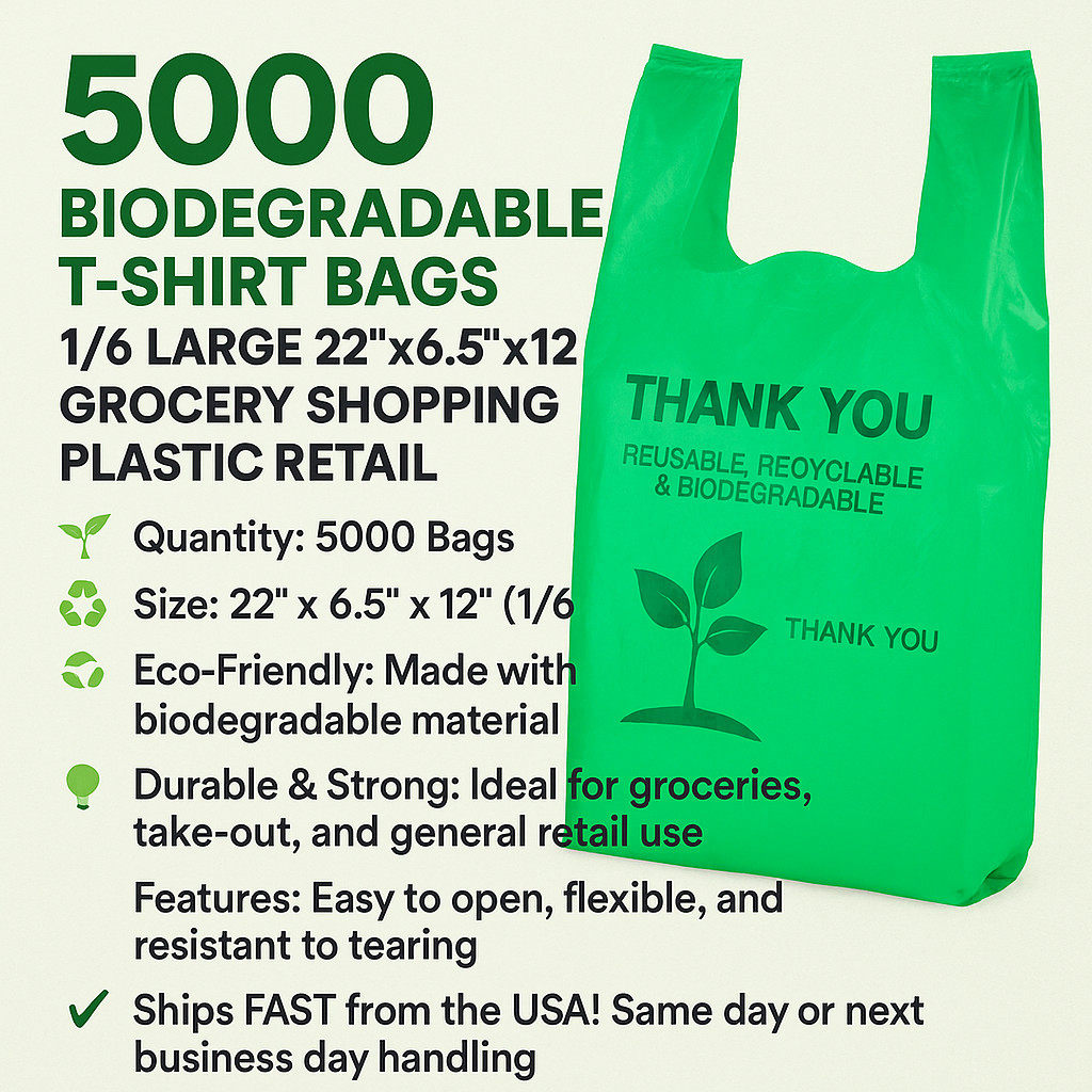 5000 Biodegradable T-Shirt Bags 1/6 Large 22"x6.5"x12" Grocery Shopping Plastic