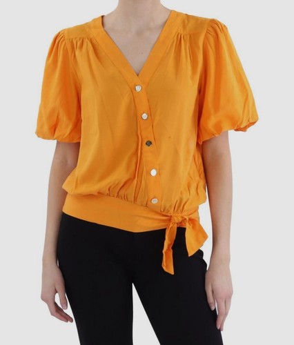 Karl Lagerfeld Paris Women's Orange Smocked Puff Sleeve Button-Down Top Size M