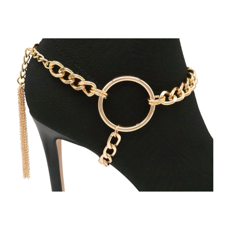 Women Gold Chain Boot Bracelet Shoe Circle Under Charm Tassel Fringe Biker Style