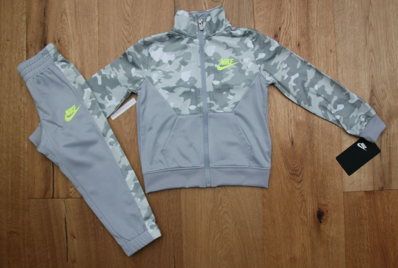 Nike Boy 2 Piece Jogging Set ~ Gray, White & Volt ~ Camouflage ~