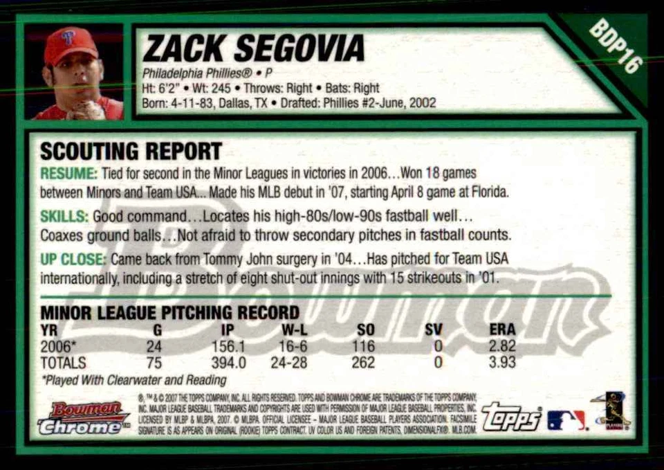 2007 Bowman Draft Picks & Prospects Chrome Zack Segovia RC Philadelphia Phillies - Image 2 of 2