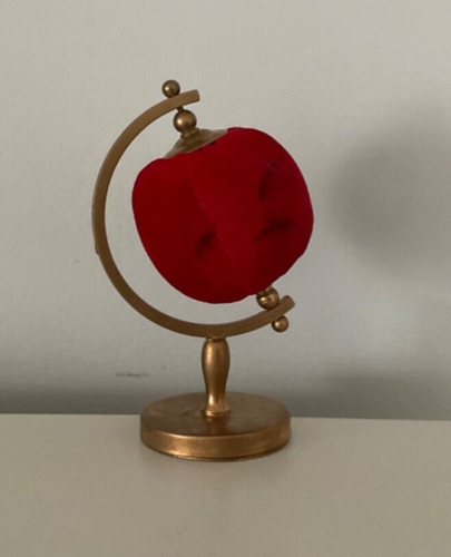 Collectable Vintage Red Velvet Globe Pin Cushion Gold Colored Stand Japan Brass - Picture 9 of 9