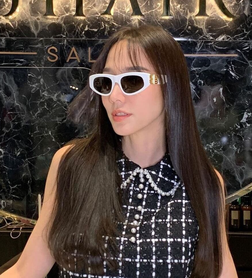 Balenciaga Women Sunglasses White Gold Logo Grey Cat Eye