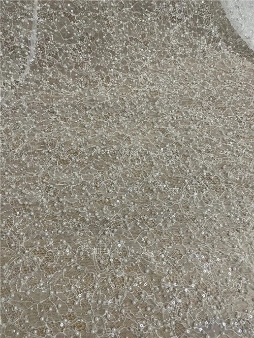 OFF WHITE Abito da sposa tessuto pizzo ricamo francese perline pesanti con perle Fabic