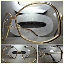 OVERSIZED VINTAGE 70s RETRO Style Clear Lens EYE GLASSES Huge Gold Fashion Frame