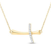 "10K Gelbgold Diamant Damen Fancy Gebogen Seitliche Kreuz 18 \" Halskette 1/20 Ct"
