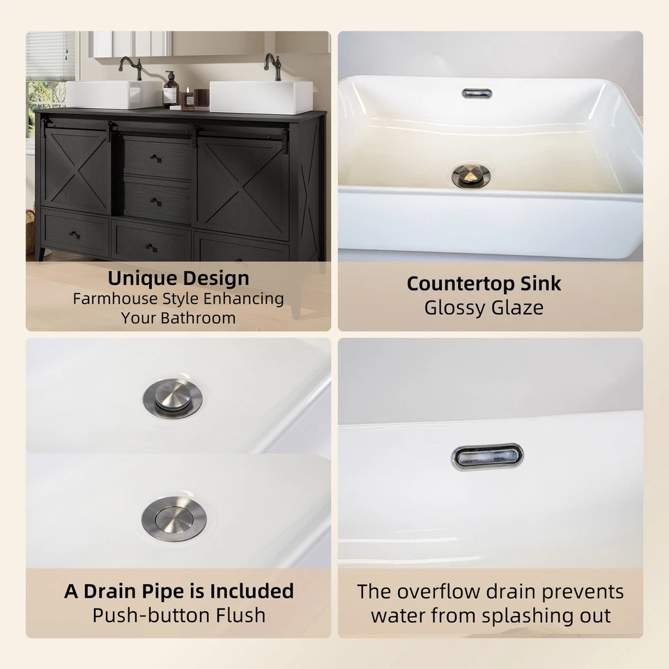 Mueble tocador de baño de 60 pulgadas doble recipiente fregadero lavabo moderno madera Foto 3 de 4