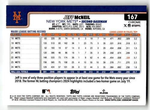 2025 Topps Chrome Logofractor Jeff McNeil #167 New York Mets - Picture 2 of 2