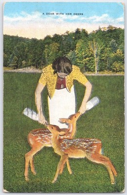 Vintage Linen Postcard A Dear with Her Deers Feeding Fawns 1940