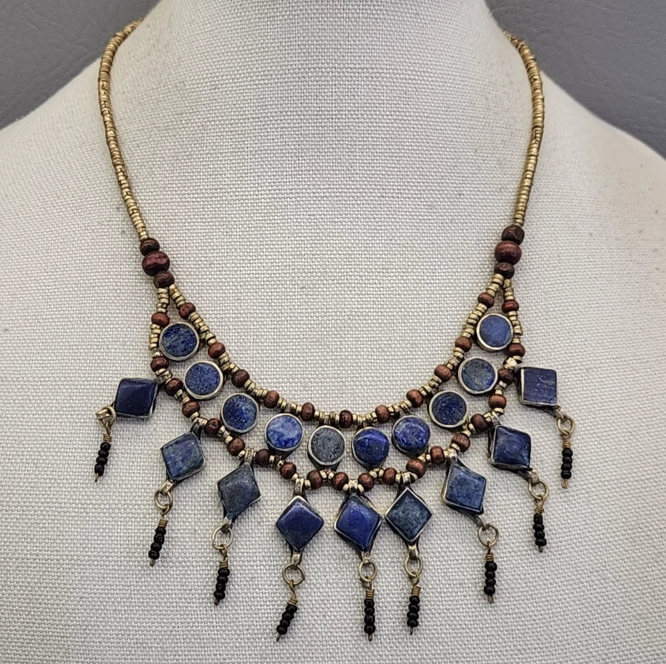 Lapis Lazuli Stone Beaded Necklace Blue Bib Southwestern Fringe Dangles 20" - Image 2 of 4