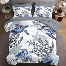 7 Pcs Queen Size Comforter Set with 2 Pillowcases  2 Shams, Ocean Sea Coral Bed