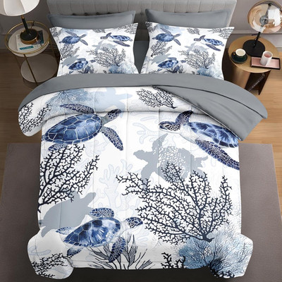 Turtle Design Ocean Coral Queen Comforter Set with Pillowcases & Shams