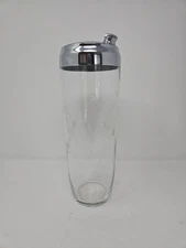 Vintage Large MCM Star Engraved Cut Glass Martini Cocktail Shaker Chrome Top 11"