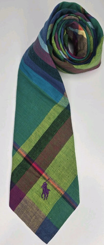 Vtg Polo Ralph Lauren Madras plaid Tie Purple Pony Cotton Multicolor Preppy USA