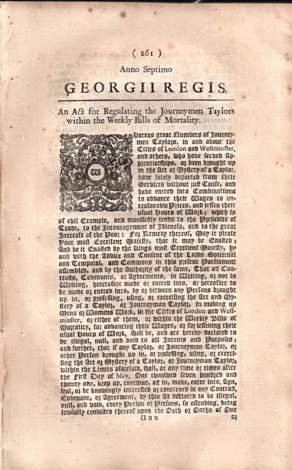 Early Labour Union Legislation 1720 George I Act Regulating Journeymen Taylors - Image 2 of 3