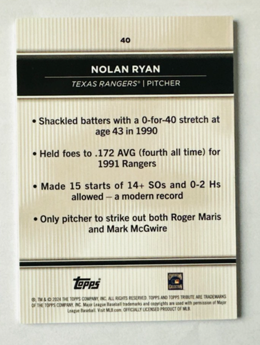 Tarjeta de tributo a Nolan Ryan Topps 2024 #40 ¡Leyenda de los Rangers! - Imagen 2 de 3