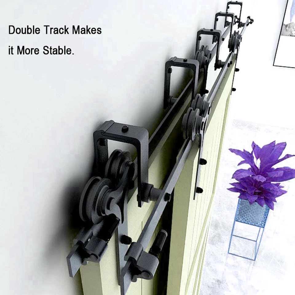 Kit de herrajes para puerta corredera de granero de derivación de 5-20 pies para rodillo de cuerno de oveja de doble puerta Foto 3 de 4