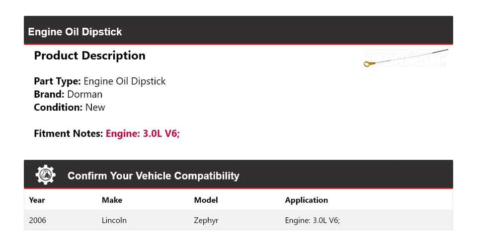 Varilla de medición de aceite de motor Lincoln Zephyr 2006 3,0 L V6 Dorman Foto 2 de 4