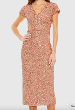 MAC DUGGAL 10766 COPPER SEQUIN SHORT SLEEVE WRAP OVER COCKTAIL DRESS sz 14